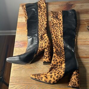 Yoki Jacklyn Women's Leopard Print Black Block‎ Heel mid calf High Boots
